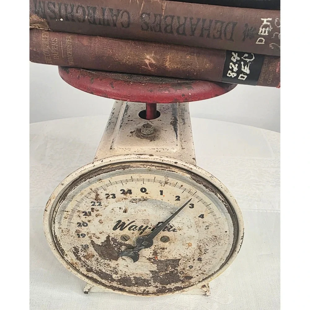 Vintage Way-Rite Kitchen Scale 25lb Capacity Metal Farmhouse Decor Cream Red